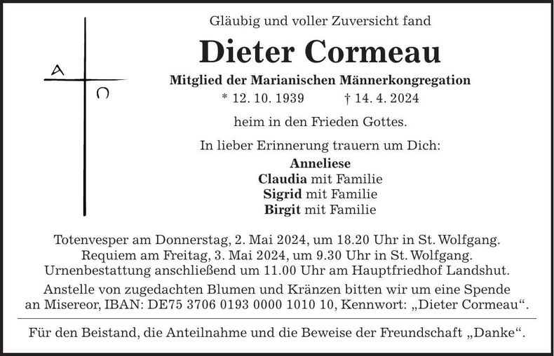 Traueranzeige Dieter Cormeau