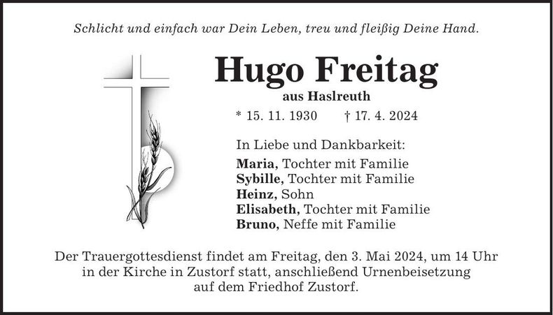 Traueranzeige Hugo Freitag
