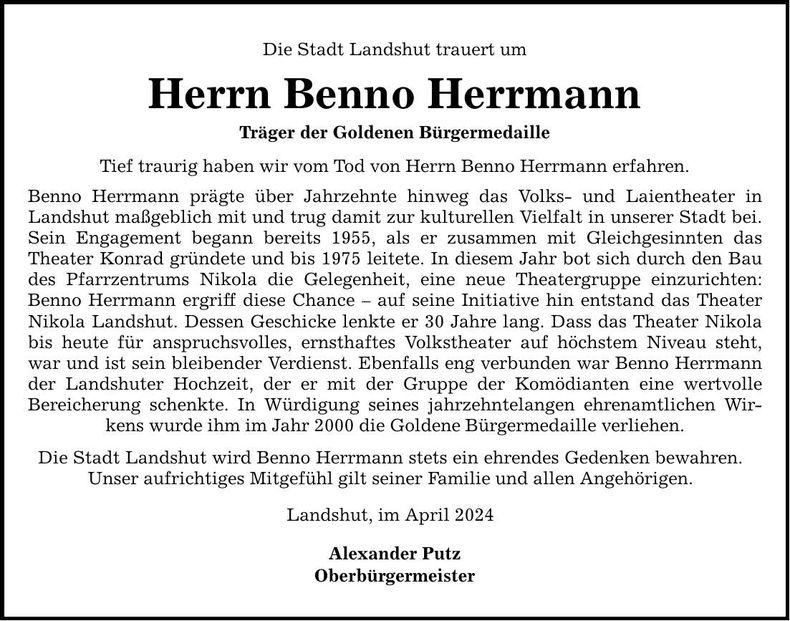 Traueranzeige Benno Herrmann