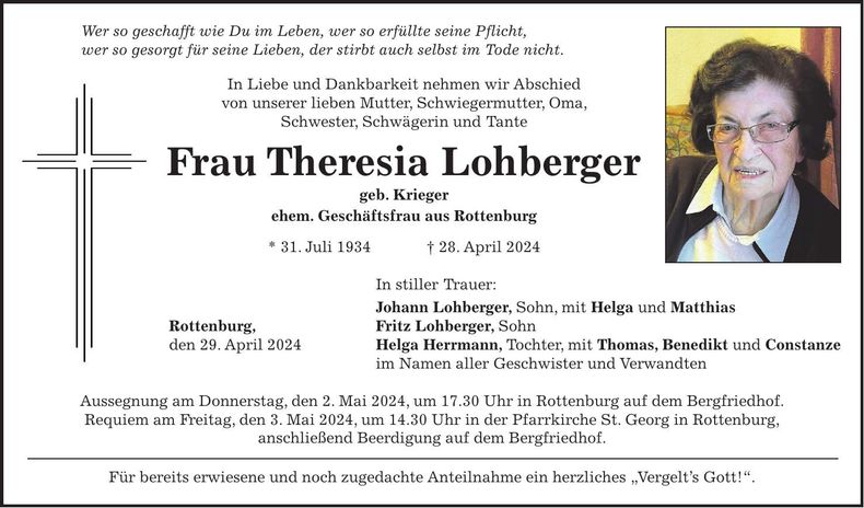 Traueranzeige Theresia Lohberger