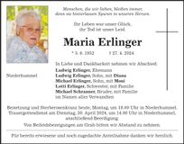 Traueranzeige Maria Erlinger