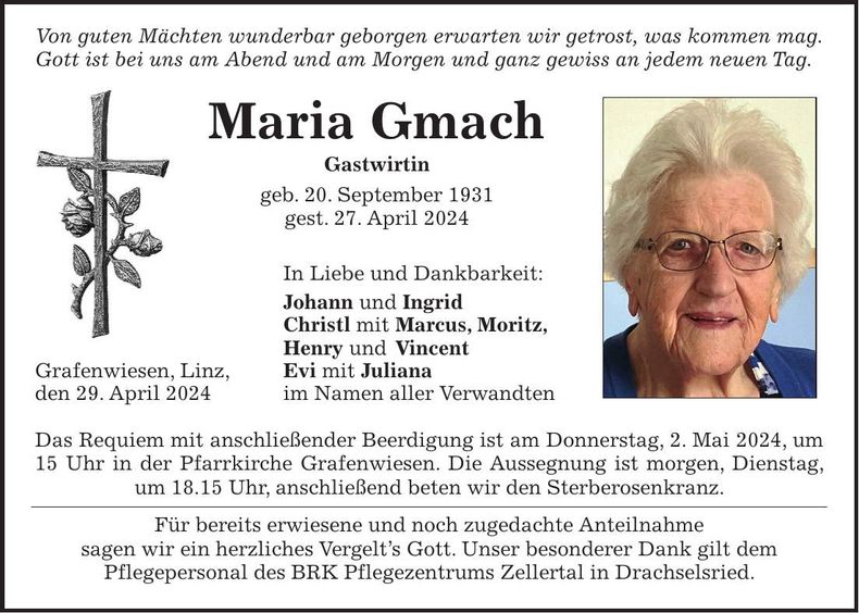 Traueranzeige Maria Gmach