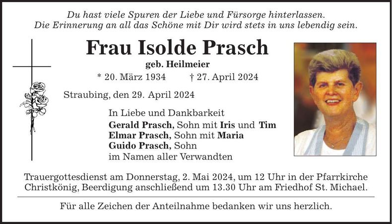 Traueranzeige Isolde Prasch