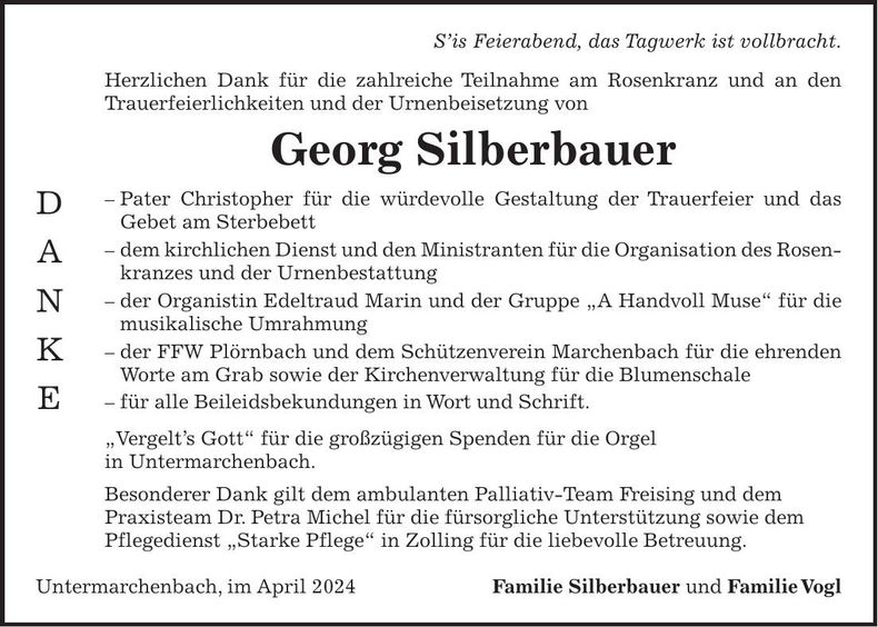 Traueranzeige Georg Silberbauer