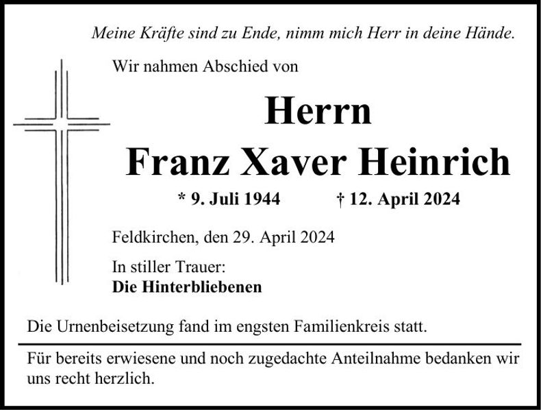 Traueranzeige Franz Xaver Heinrich
