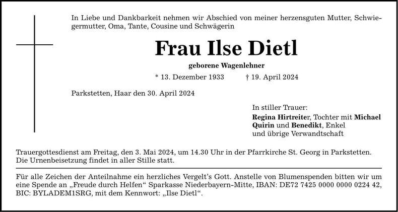 Traueranzeige Ilse Dietl