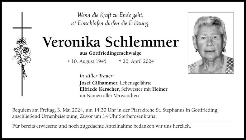 Traueranzeige Veronika Schlemmer