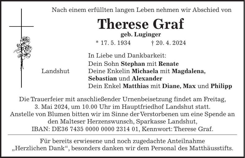 Traueranzeige Therese Graf