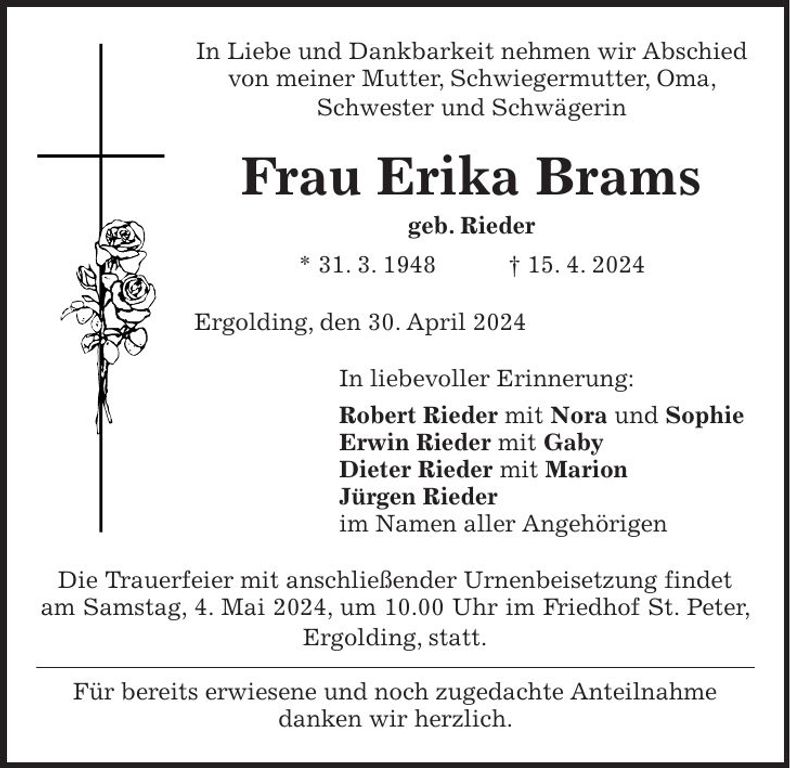 Traueranzeige Erika Brams