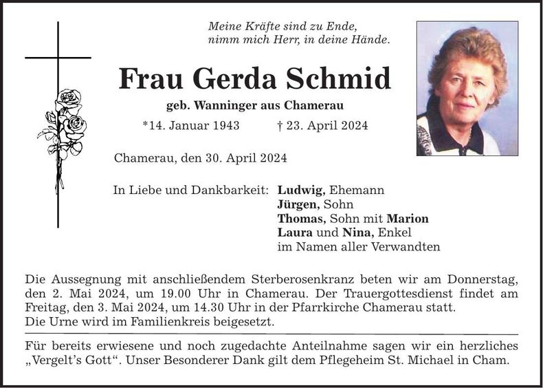 Traueranzeige Gerda Schmid