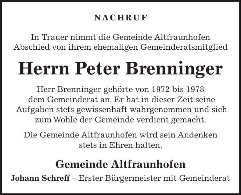 Traueranzeige Peter Brenninger