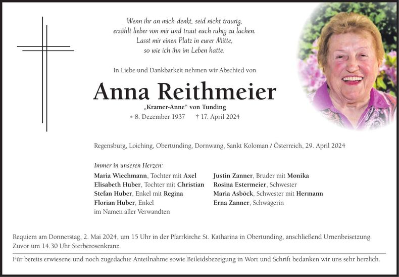 Traueranzeige Anna Reithmeier