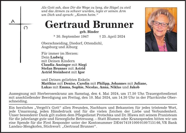 Traueranzeige Gertraud Brunner