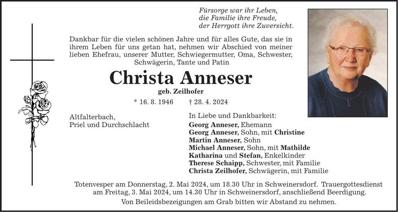 Traueranzeige Christa Anneser