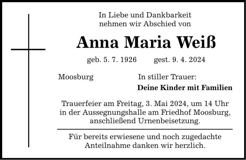 Traueranzeige Anna Maria Weiß