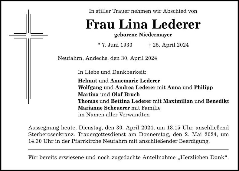 Traueranzeige Lina Lederer