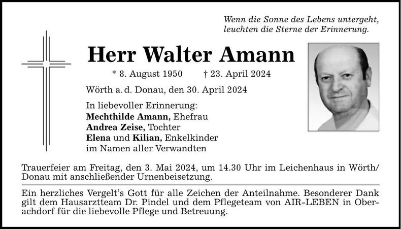 Traueranzeige Walter Amann