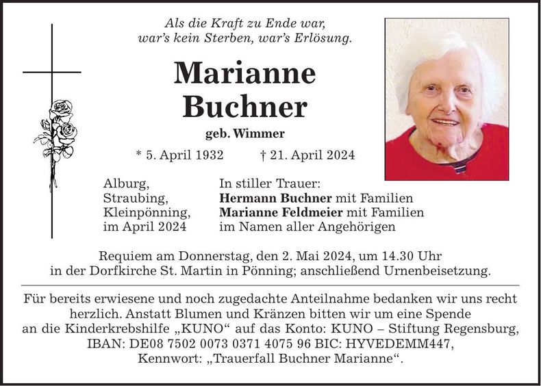 Traueranzeige Marianne Buchner