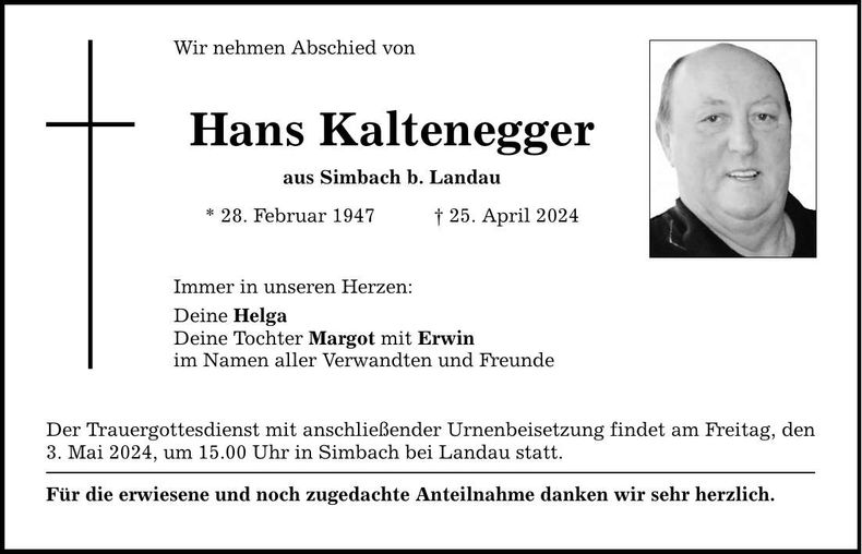 Traueranzeige Hans Kaltenegger