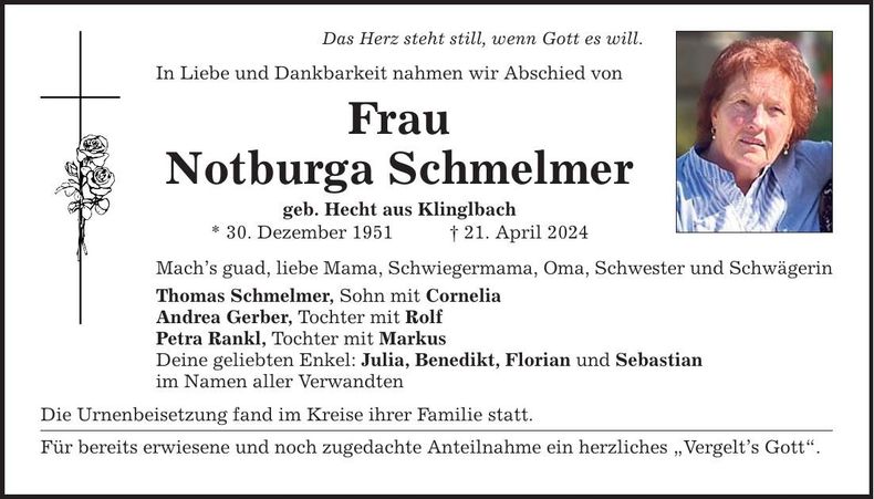 Traueranzeige Notburga Schmelmer