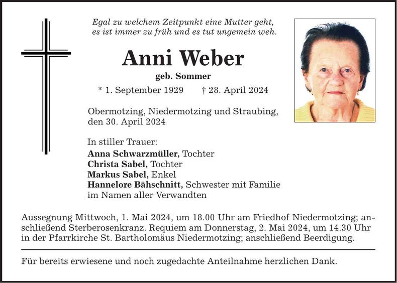 Traueranzeige Anni Weber