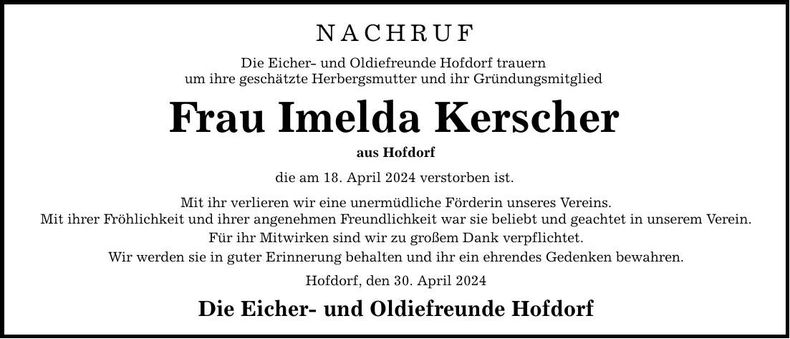 Traueranzeige Imelda Kerscher