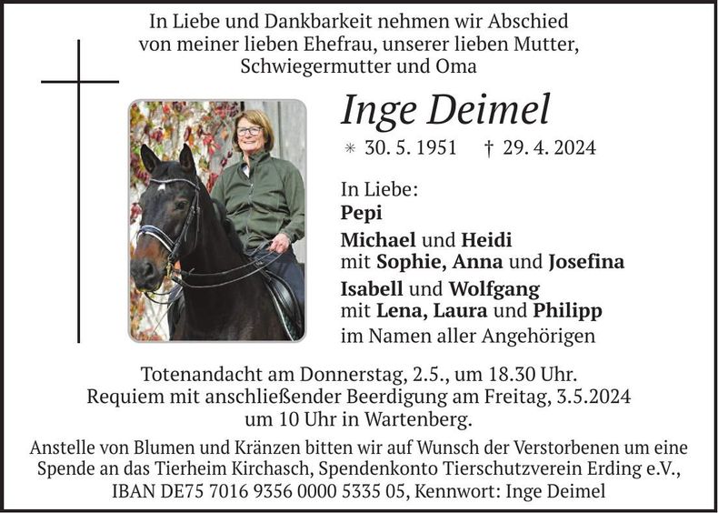 Traueranzeige Inge Deimel