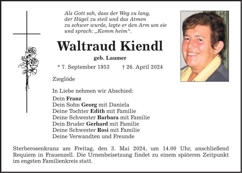 Traueranzeige Waltraud Kiendl