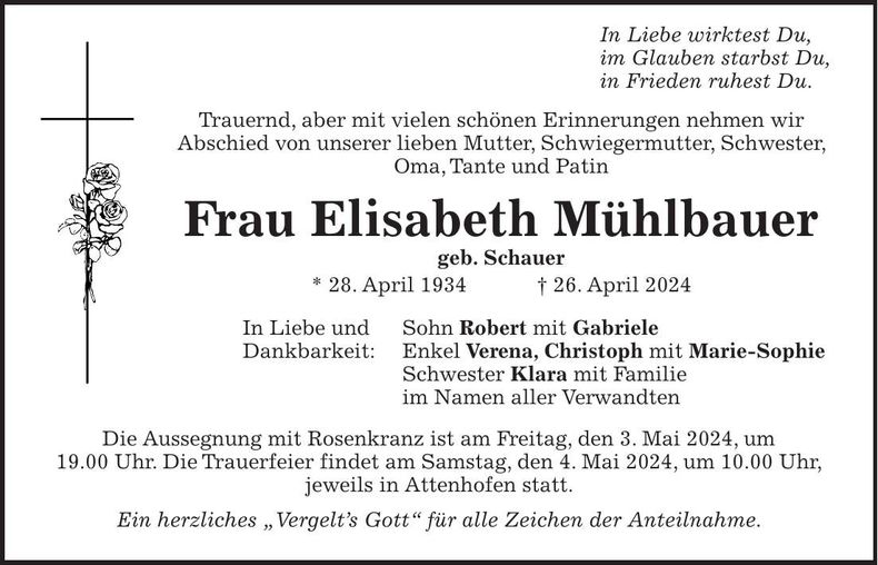 Traueranzeige Elisabeth Mühlbauer