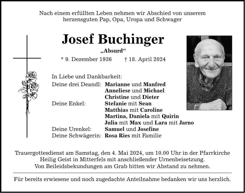 Traueranzeige Josef Buchinger