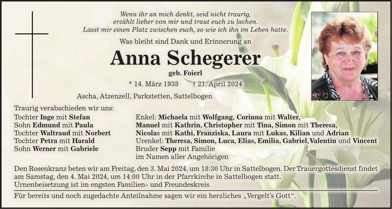 Traueranzeige Anna Schegerer