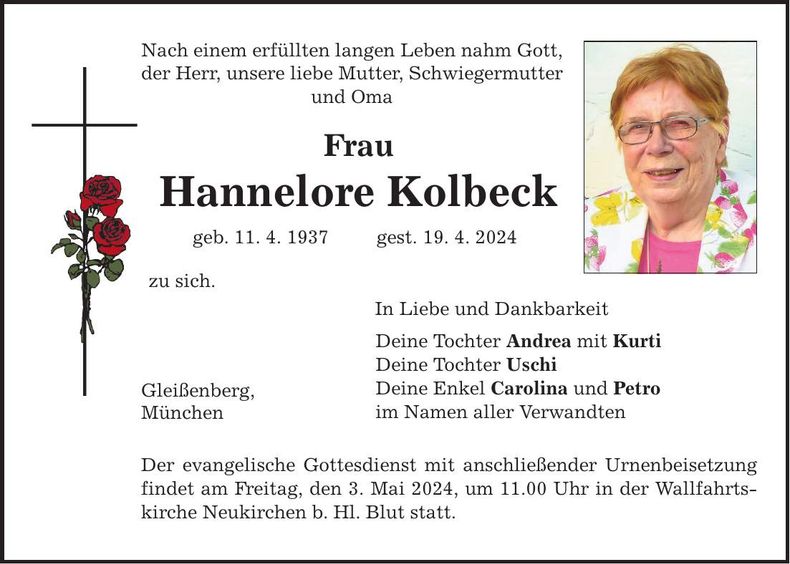 Traueranzeige Hannelore Kolbeck