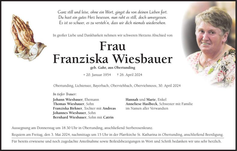 Traueranzeige Franziska Wiesbauer