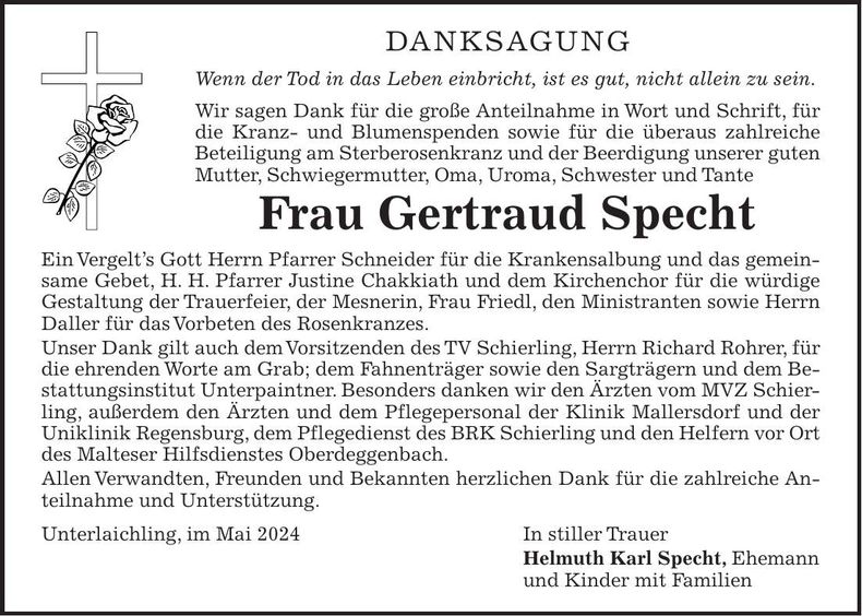 Traueranzeige Gertraud Specht