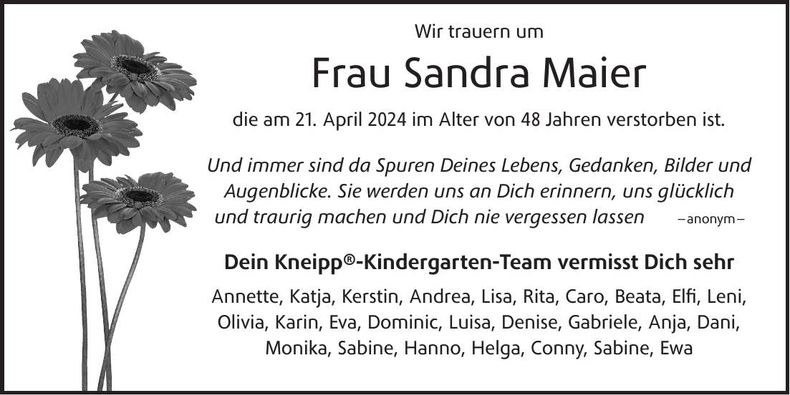 Traueranzeige Sandra Maier
