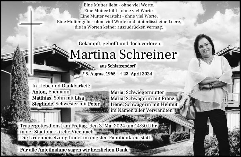 Traueranzeige Martina Schreiner