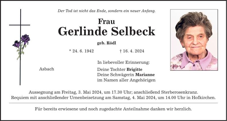 Traueranzeige Gerlinde Selbeck