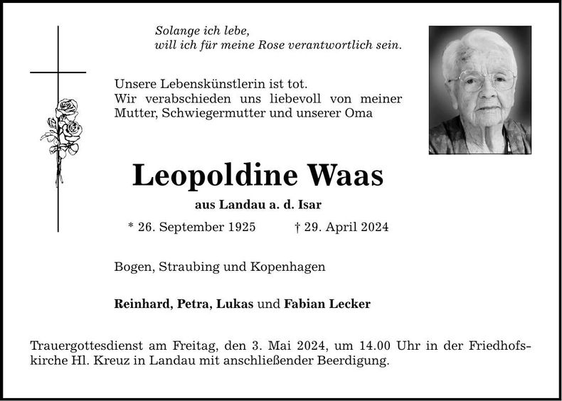 Traueranzeige Leopoldine Waas