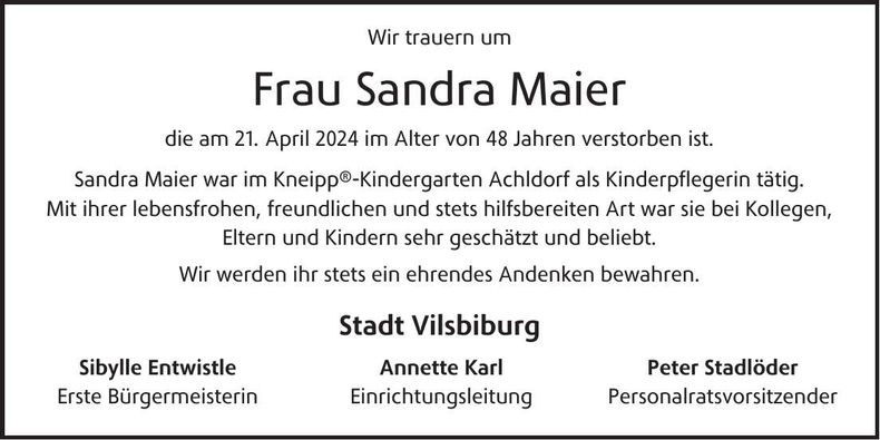 Traueranzeige Sandra Maier