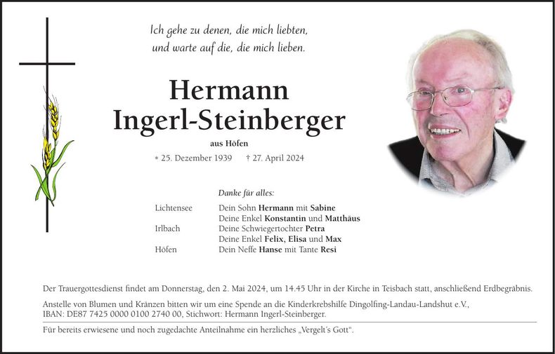Traueranzeige Hermann Ingerl-Steinberger