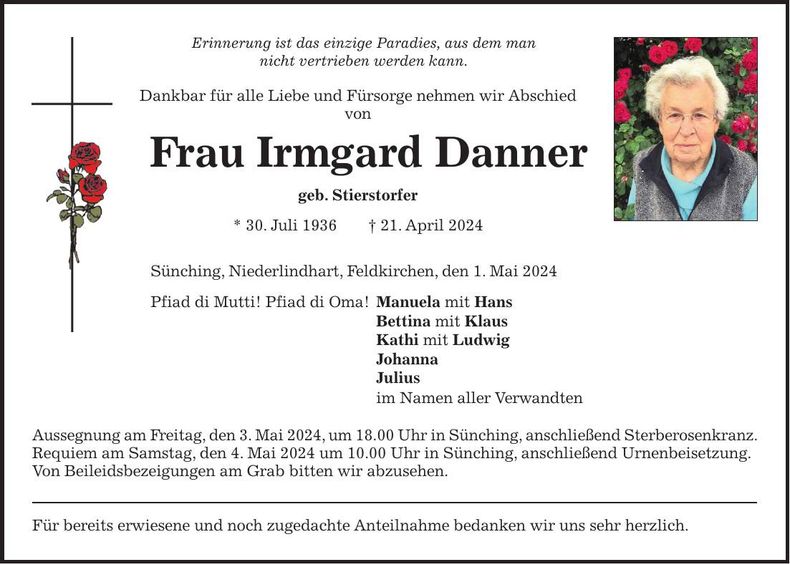 Traueranzeige Irmgard Danner