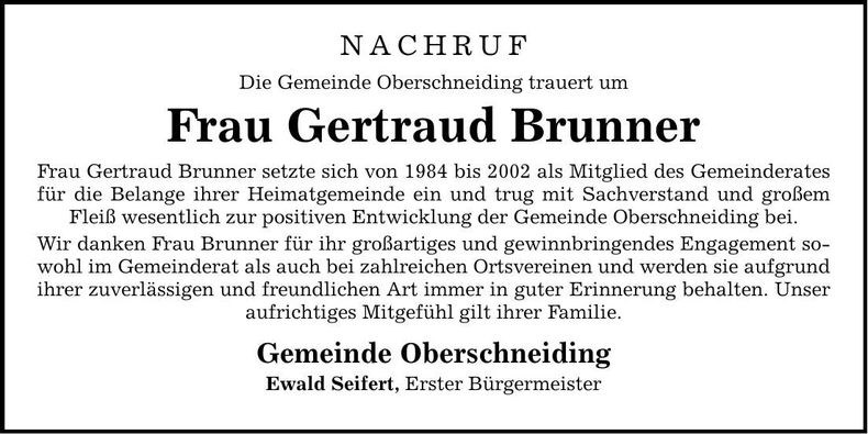 Traueranzeige Gertraud Brunner