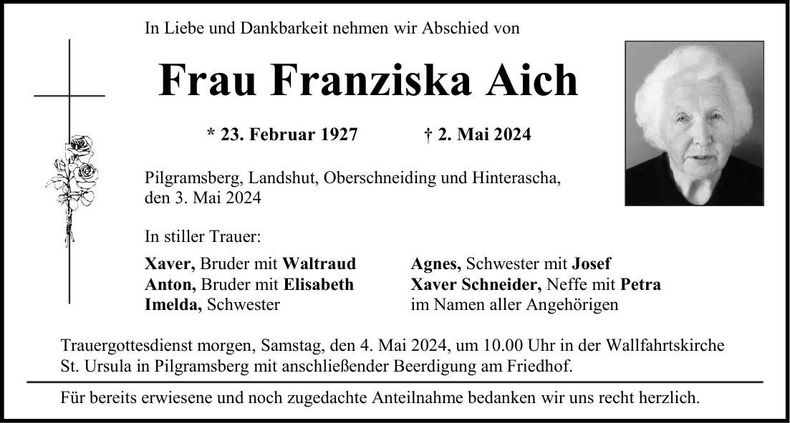 Traueranzeige Franziska Aich