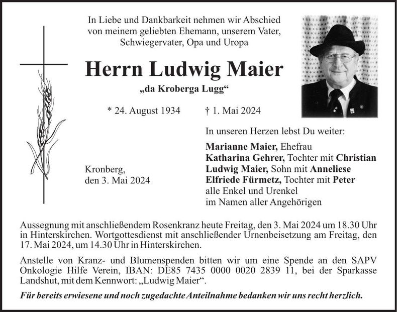 Traueranzeige Ludwig Maier