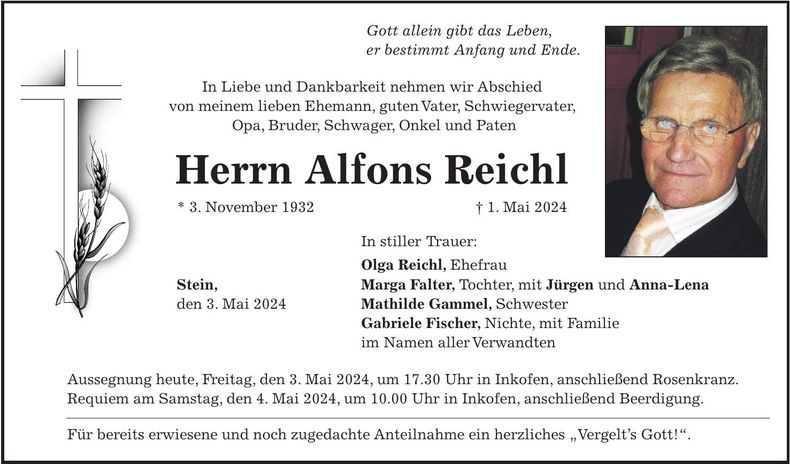 Traueranzeige Alfons Reichl