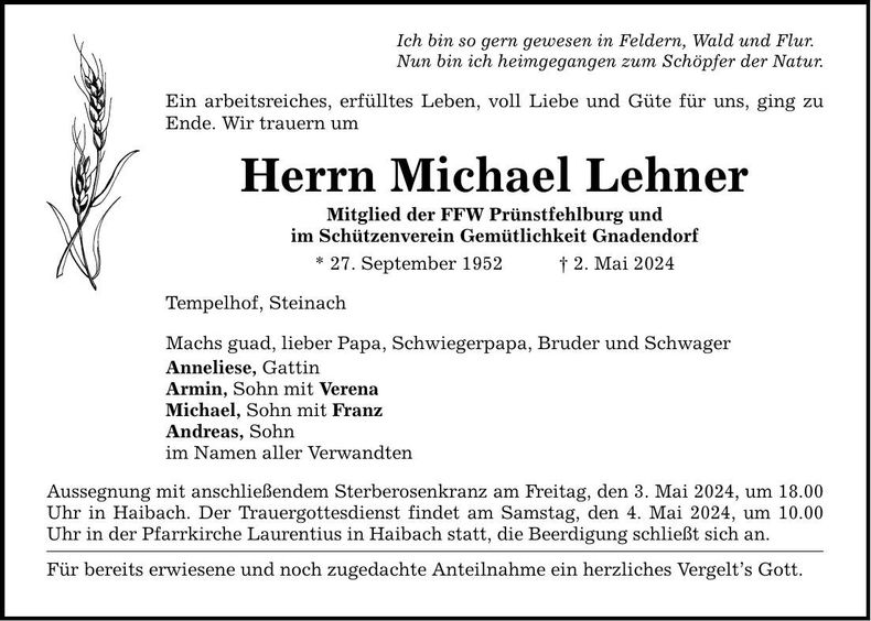 Traueranzeige Michael Lehner