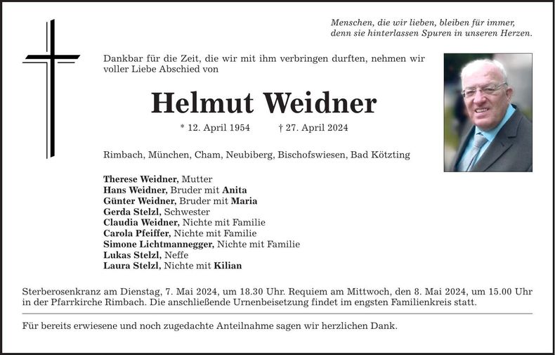 Traueranzeige Helmut Weidner