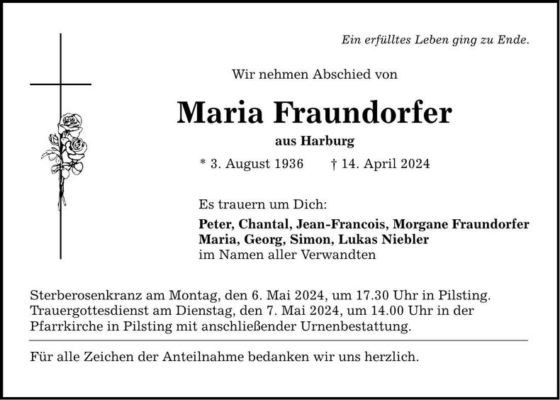 Traueranzeige Maria Fraundorfer