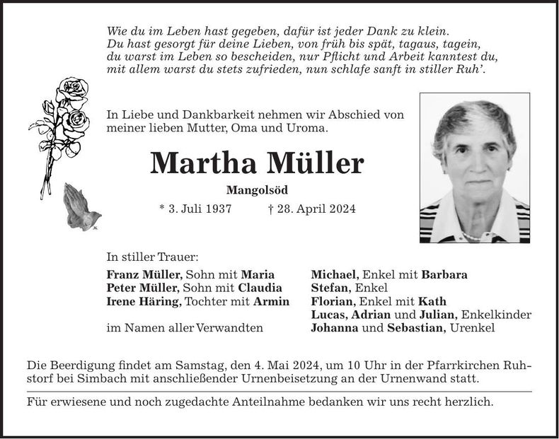 Traueranzeige Martha Müller
