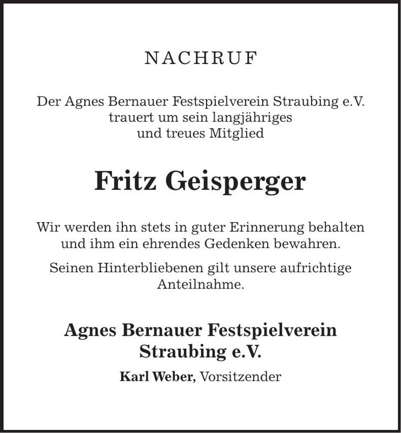 Traueranzeige Fritz Geisperger